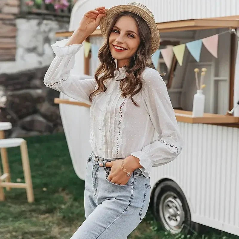 Seraphina - Sheer Lace Blouse with Ruffle Trim and Long Sleeves