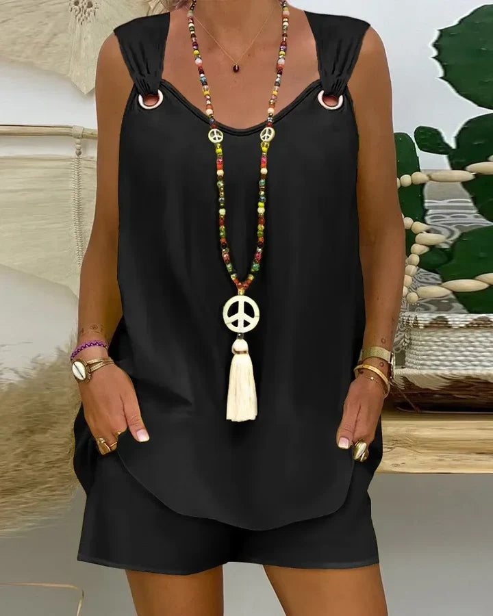 Sienna - Sleeveless Casual Romper with Grommet Strap Detail