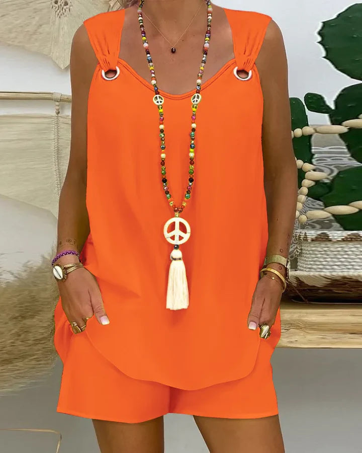 Sienna - Sleeveless Casual Romper with Grommet Strap Detail