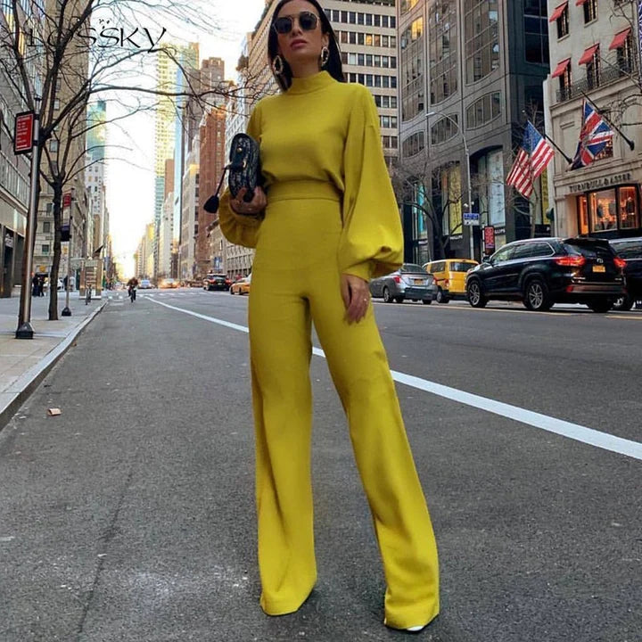 Marigold - Workwear Style Jumpsuit with High Neck and Relaxed Fit Sleeves