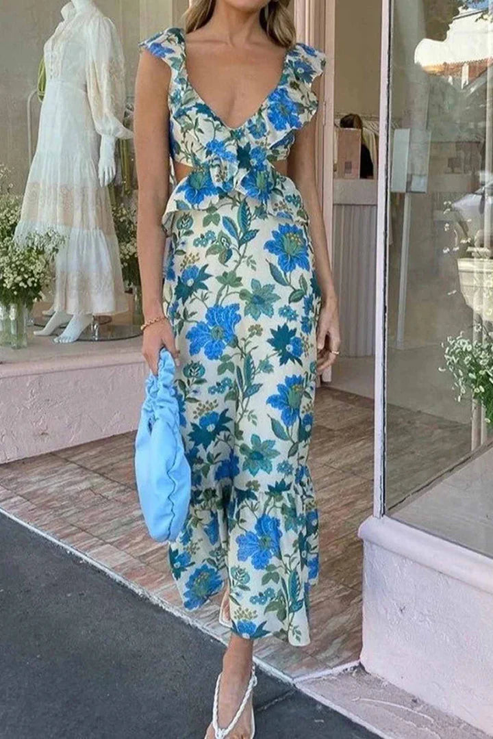 Soleil – Flowy Floral Maxi Dress with V-Neckline and Cascading Ruffles