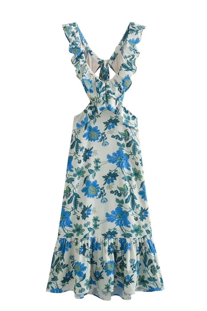 Soleil – Flowy Floral Maxi Dress with V-Neckline and Cascading Ruffles