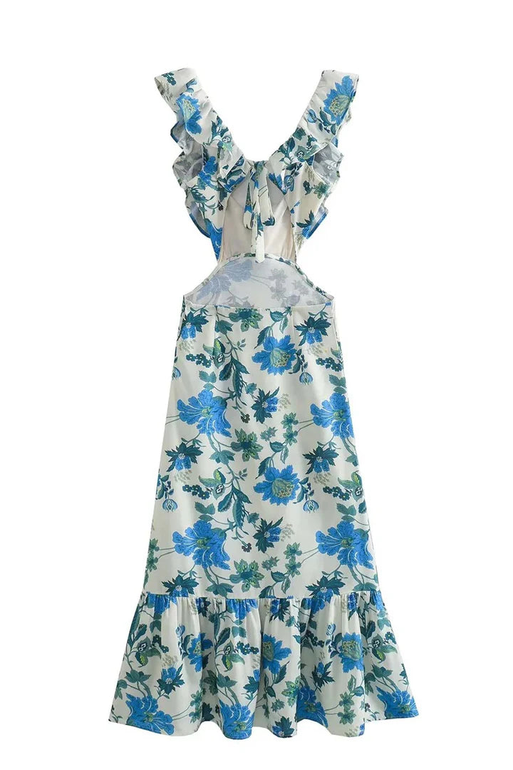 Soleil – Flowy Floral Maxi Dress with V-Neckline and Cascading Ruffles