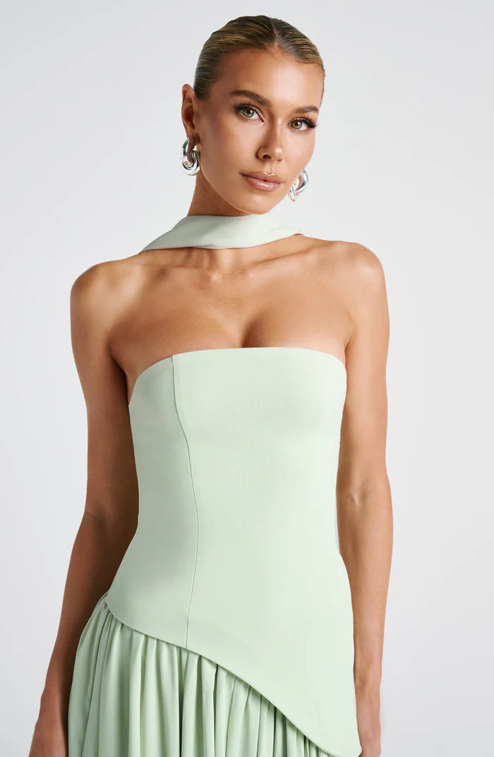 Solène – Strapless Maxi Dress with High Slit and Draped Waist Panel
