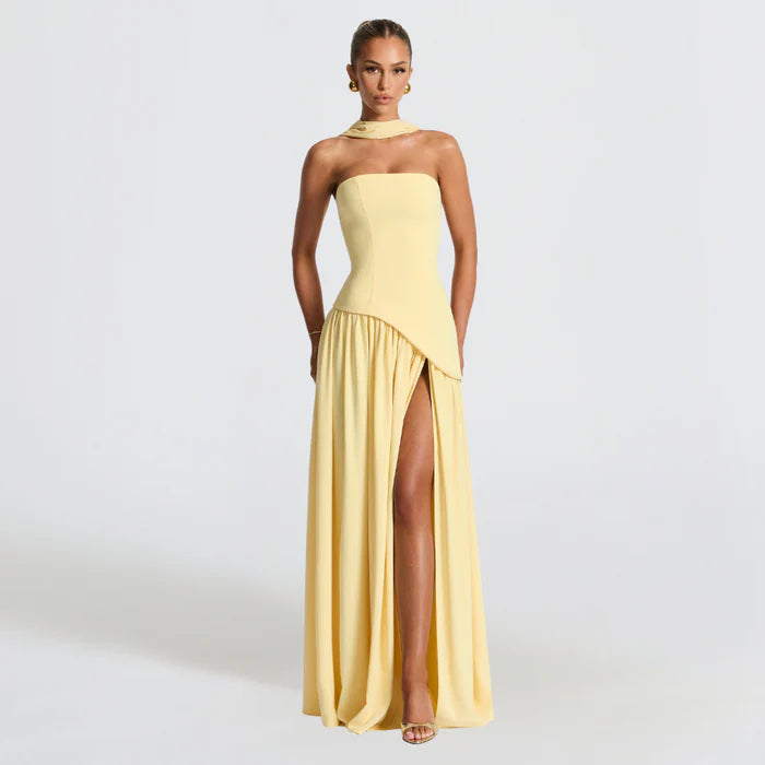 Solène – Strapless Maxi Dress with High Slit and Draped Waist Panel