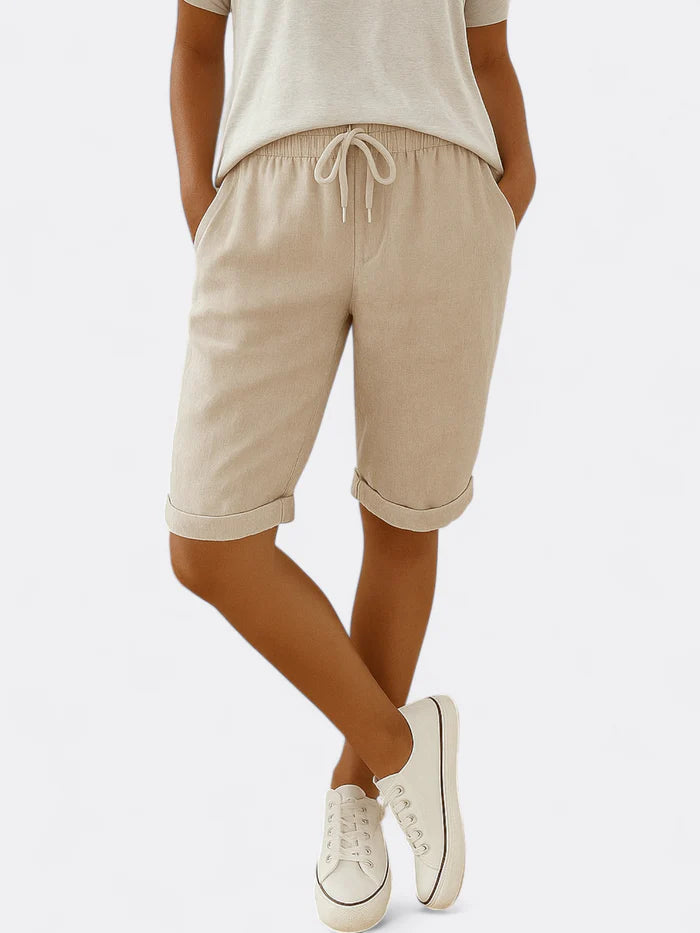 Sophia - Relaxed Fit Drawstring Bermuda Shorts with Rolled Hem