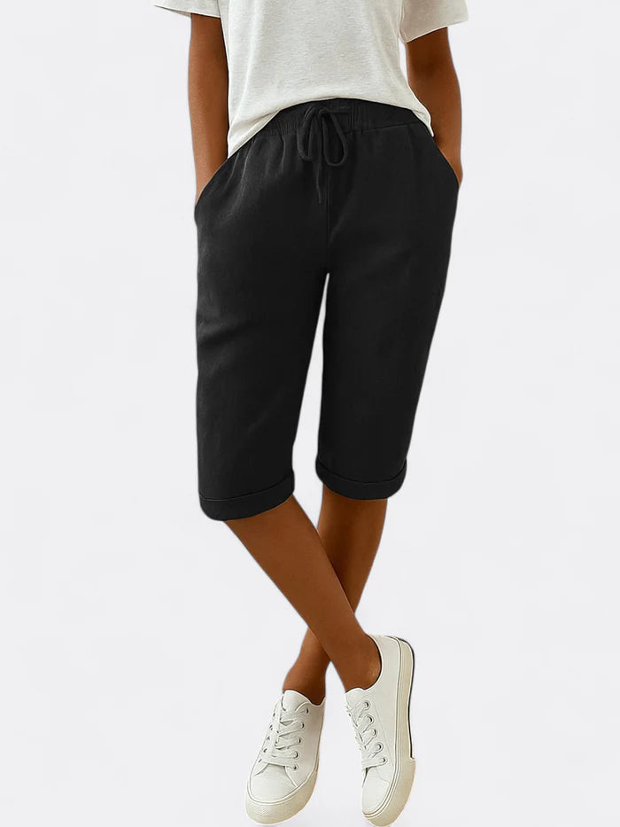 Sophia - Relaxed Fit Drawstring Bermuda Shorts with Rolled Hem