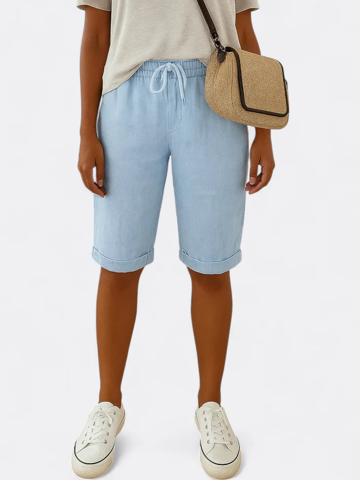 Sophia - Relaxed Fit Drawstring Bermuda Shorts with Rolled Hem