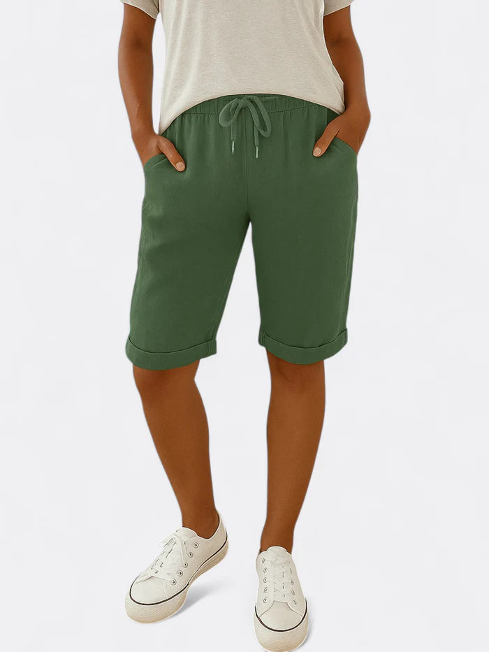 Sophia - Relaxed Fit Drawstring Bermuda Shorts with Rolled Hem