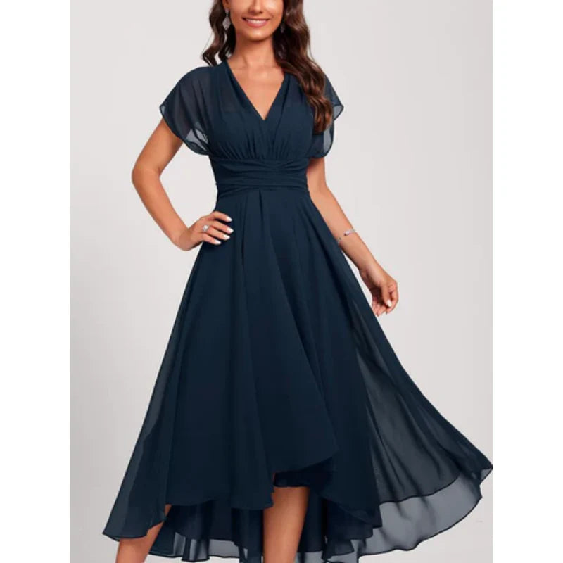 Sophia - V-neck Chiffon A-line Midi Dress with Flutter Sleeves