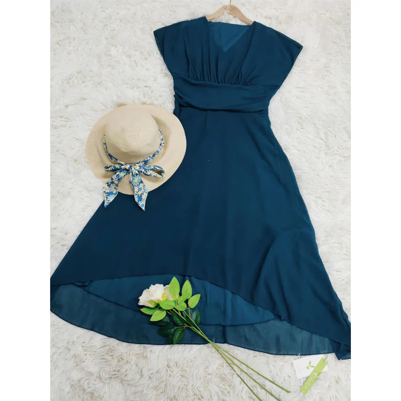Sophia - V-neck Chiffon A-line Midi Dress with Flutter Sleeves