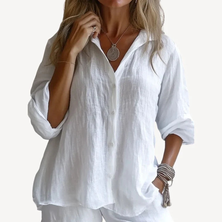 Calla – Breezy Button-Up Blouse with Relaxed Structure and Soft Fabric Flow