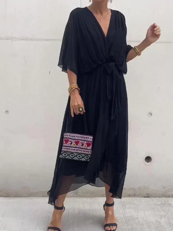 Thalia – Sheer Overlay Midi Dress with Soft Drape and Flattering Waist Cinch