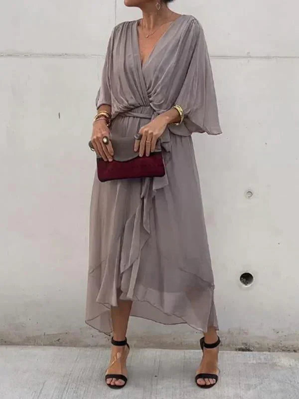 Thalia – Sheer Overlay Midi Dress with Soft Drape and Flattering Waist Cinch