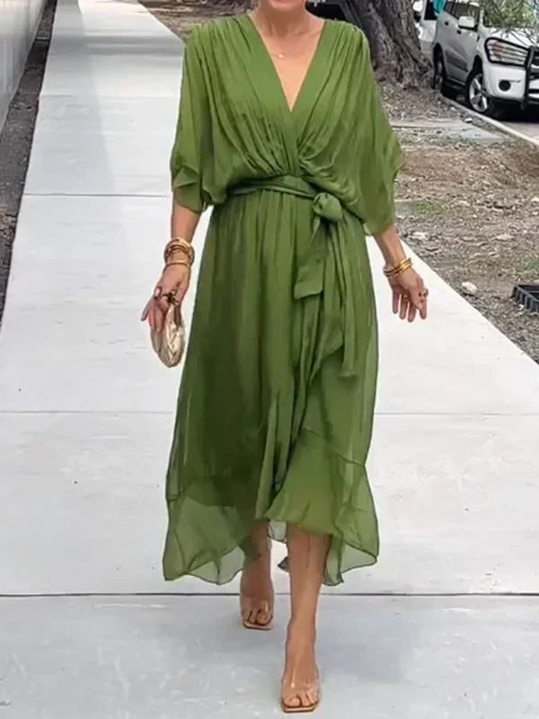 Thalia – Sheer Overlay Midi Dress with Soft Drape and Flattering Waist Cinch