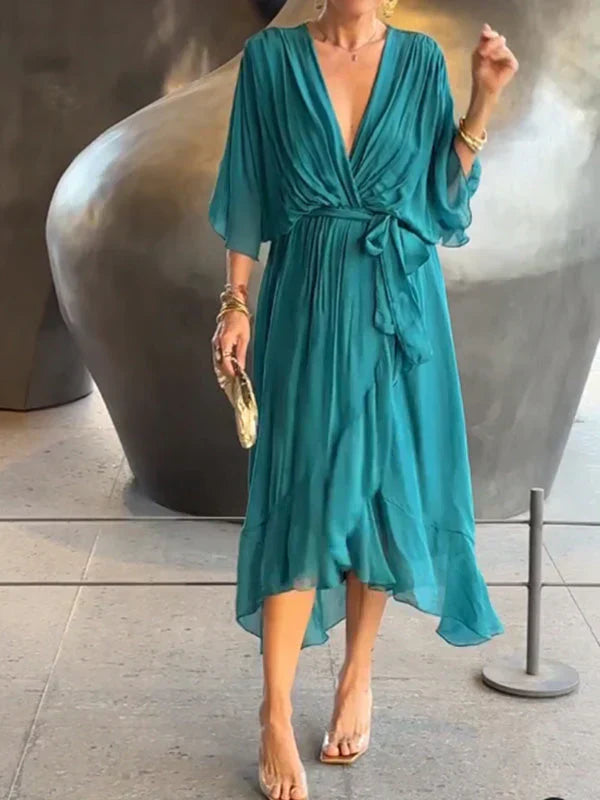 Thalia – Sheer Overlay Midi Dress with Soft Drape and Flattering Waist Cinch