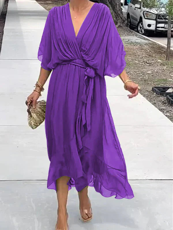 Thalia – Sheer Overlay Midi Dress with Soft Drape and Flattering Waist Cinch