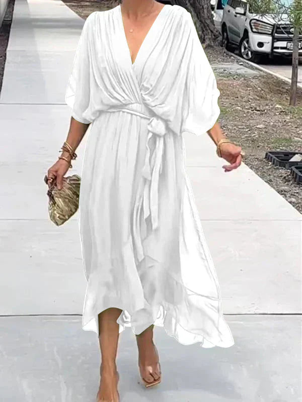 Thalia – Sheer Overlay Midi Dress with Soft Drape and Flattering Waist Cinch