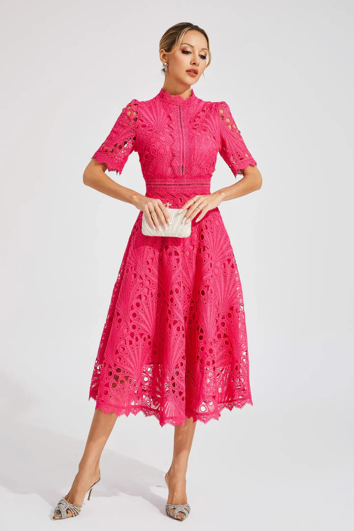 Valentina – Lace Midi Dress with High Neck and A-Line Silhouette