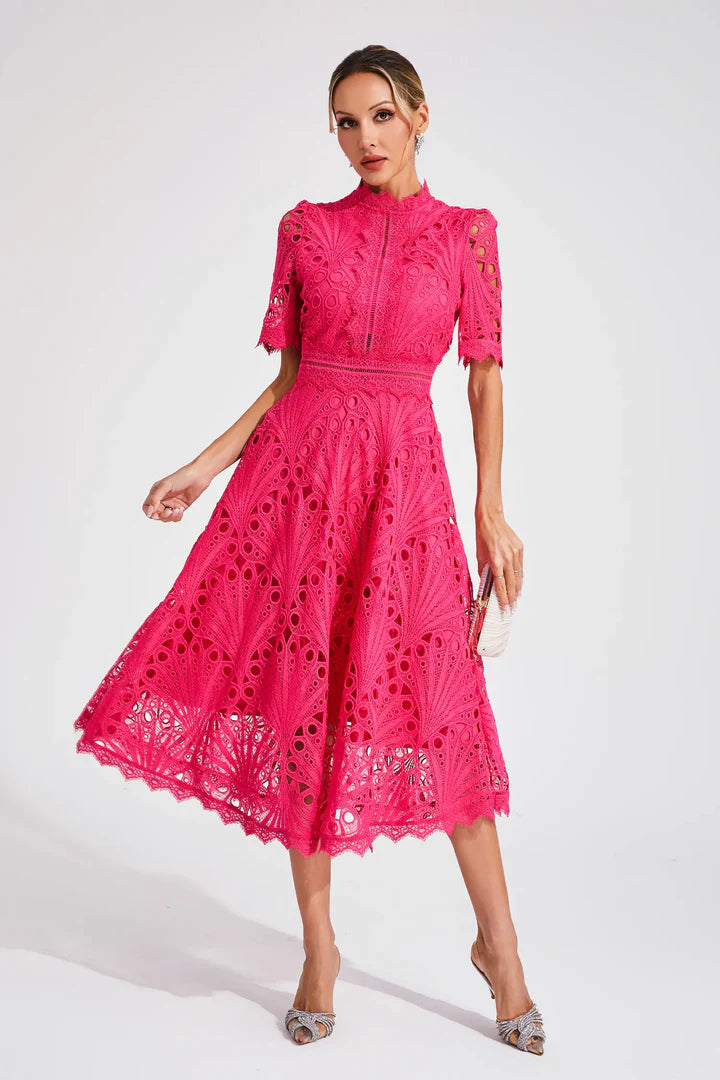 Valentina – Lace Midi Dress with High Neck and A-Line Silhouette