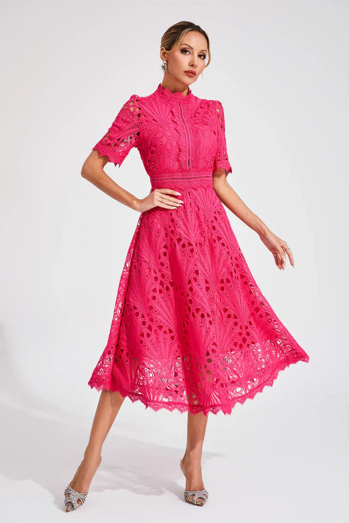 Valentina – Lace Midi Dress with High Neck and A-Line Silhouette