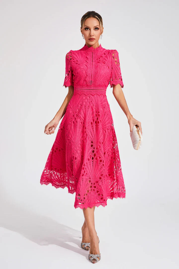Valentina – Lace Midi Dress with High Neck and A-Line Silhouette