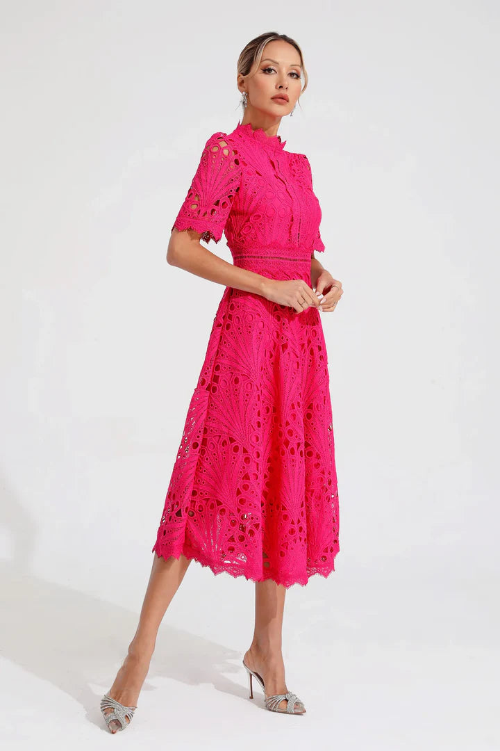 Valentina – Lace Midi Dress with High Neck and A-Line Silhouette