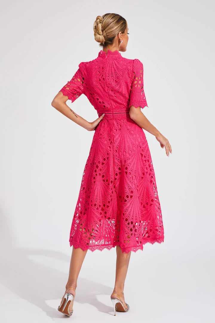 Valentina – Lace Midi Dress with High Neck and A-Line Silhouette