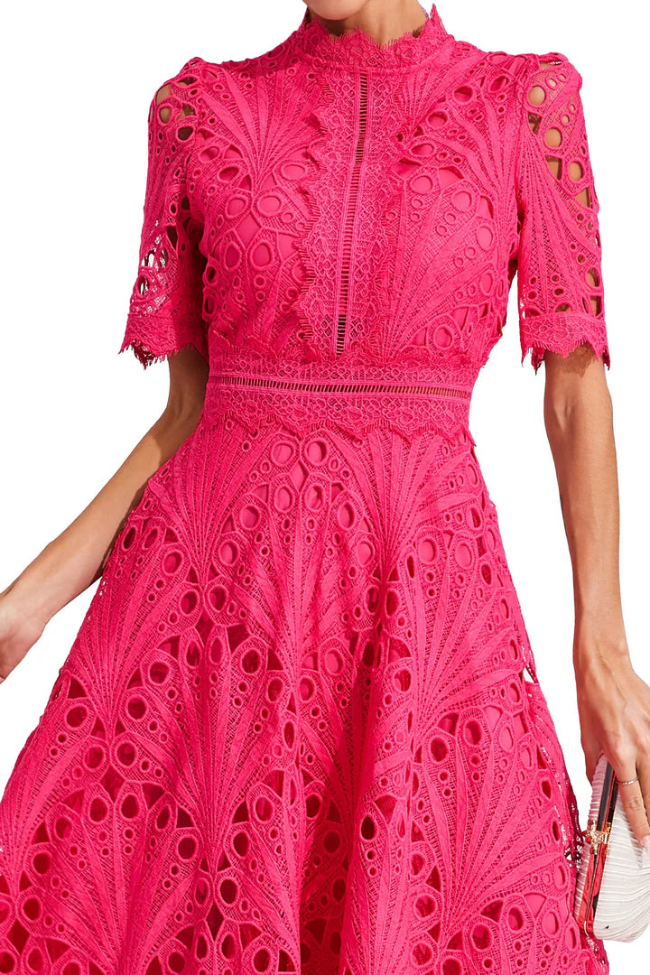 Valentina – Lace Midi Dress with High Neck and A-Line Silhouette