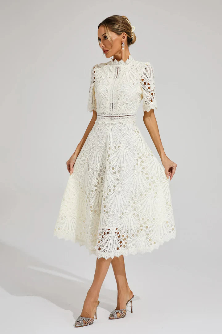 Valentina – Lace Midi Dress with High Neck and A-Line Silhouette
