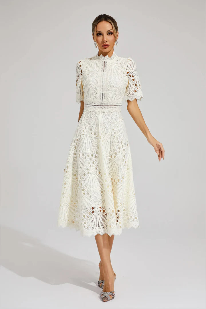 Valentina – Lace Midi Dress with High Neck and A-Line Silhouette
