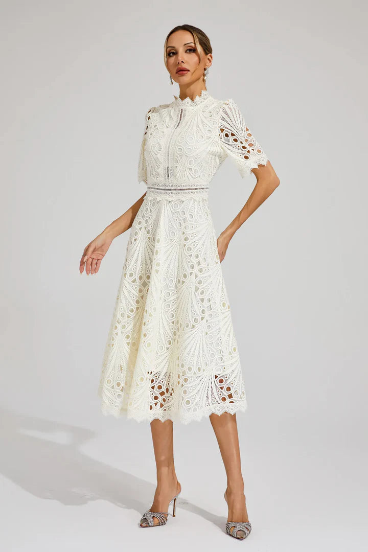 Valentina – Lace Midi Dress with High Neck and A-Line Silhouette