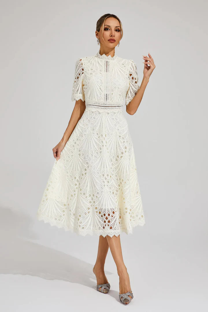 Valentina – Lace Midi Dress with High Neck and A-Line Silhouette