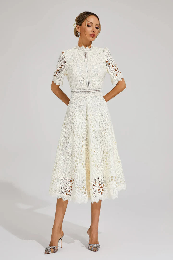 Valentina – Lace Midi Dress with High Neck and A-Line Silhouette