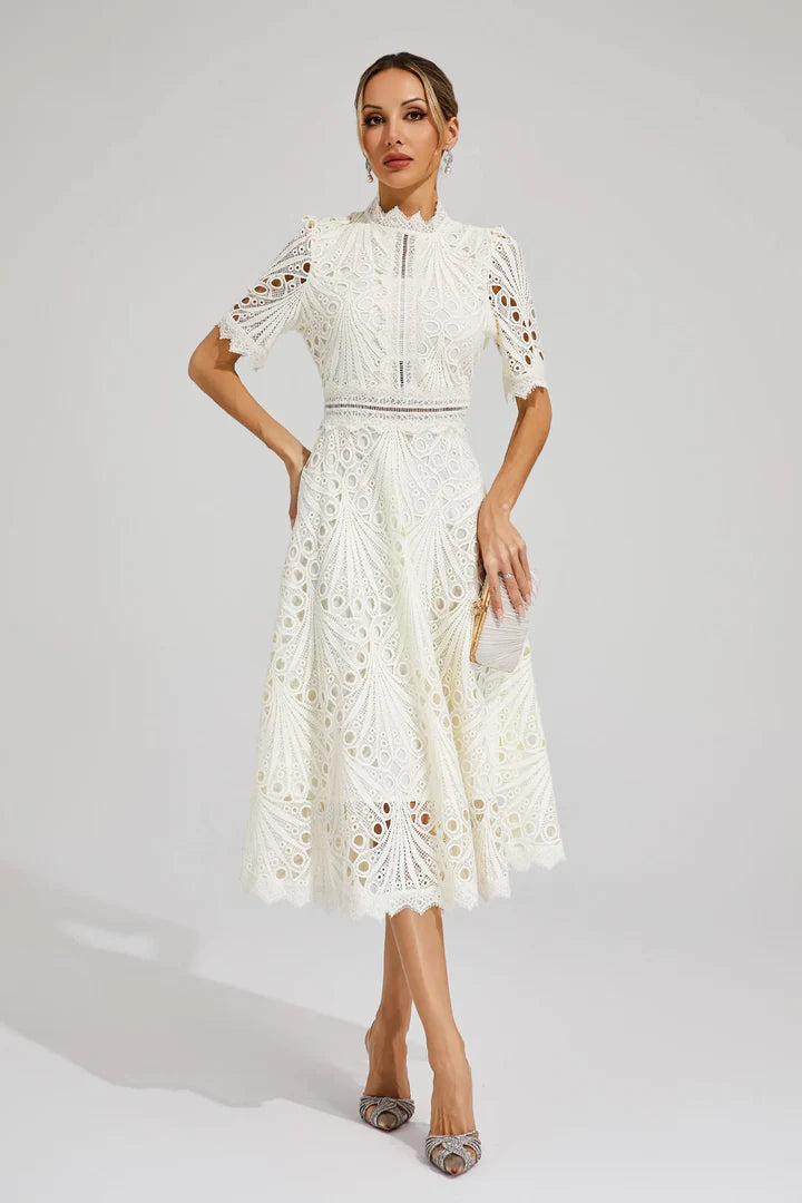 Valentina – Lace Midi Dress with High Neck and A-Line Silhouette