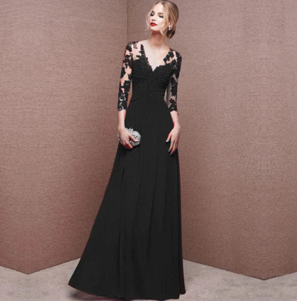 Victoria - Elegant Maxi Dress with Sheer Lace Bodice and Ruched Waist