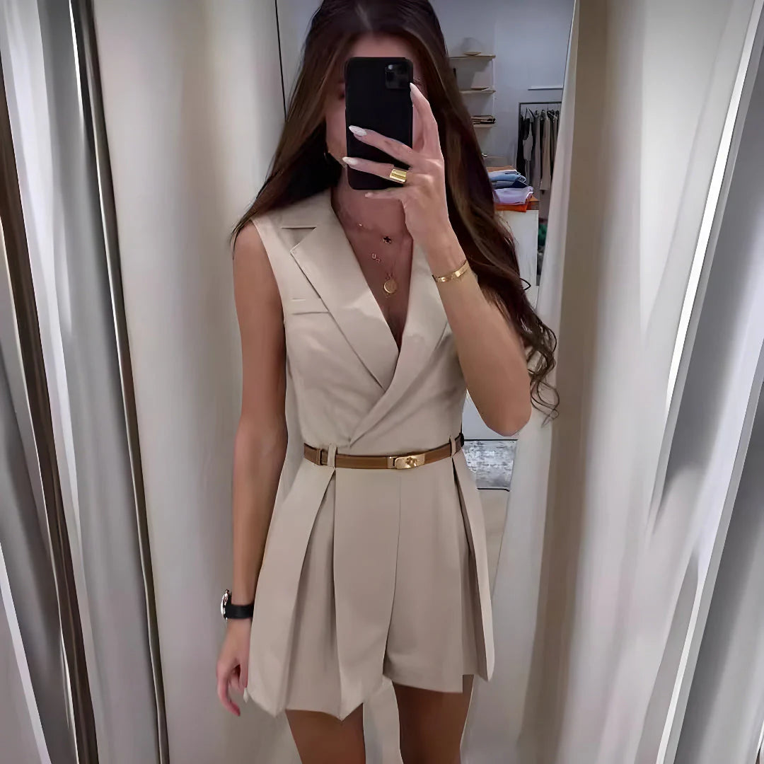 Violetta - Belted Sleeveless Romper with Pleated Skirt Detail