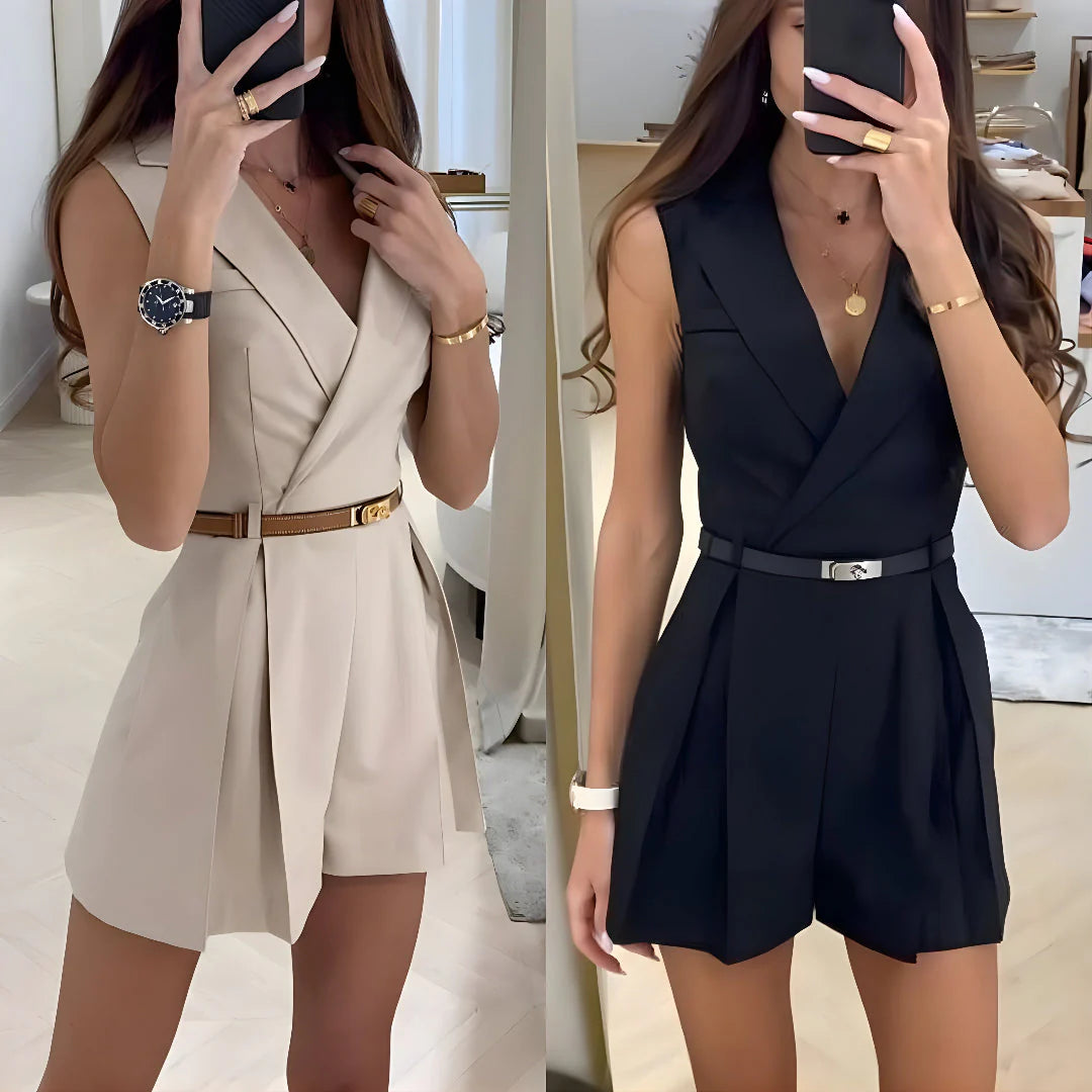 Violetta - Belted Sleeveless Romper with Pleated Skirt Detail