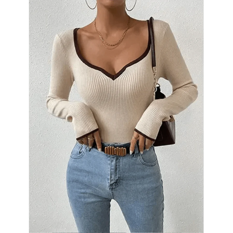 Ysabel – Ribbed Long Sleeve Top with Deep V-Neckline and Contrast Trim