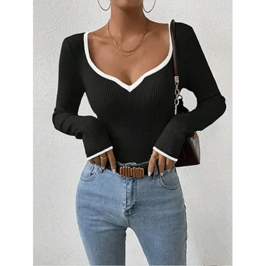 Ysabel – Ribbed Long Sleeve Top with Deep V-Neckline and Contrast Trim