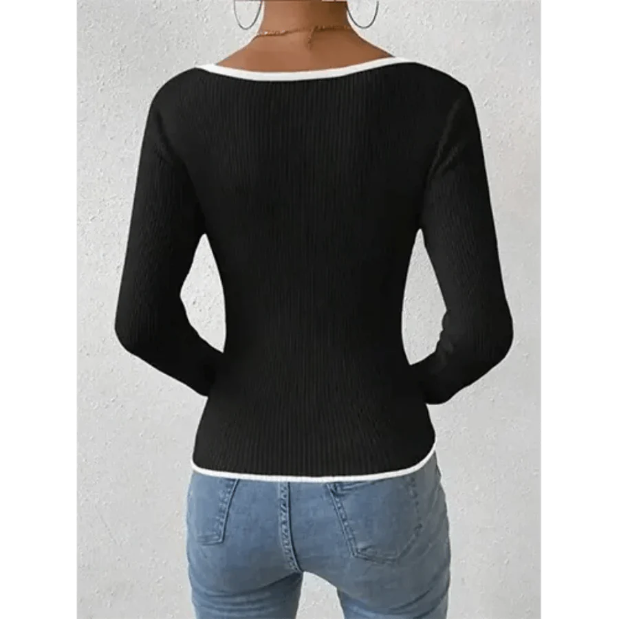 Ysabel – Ribbed Long Sleeve Top with Deep V-Neckline and Contrast Trim