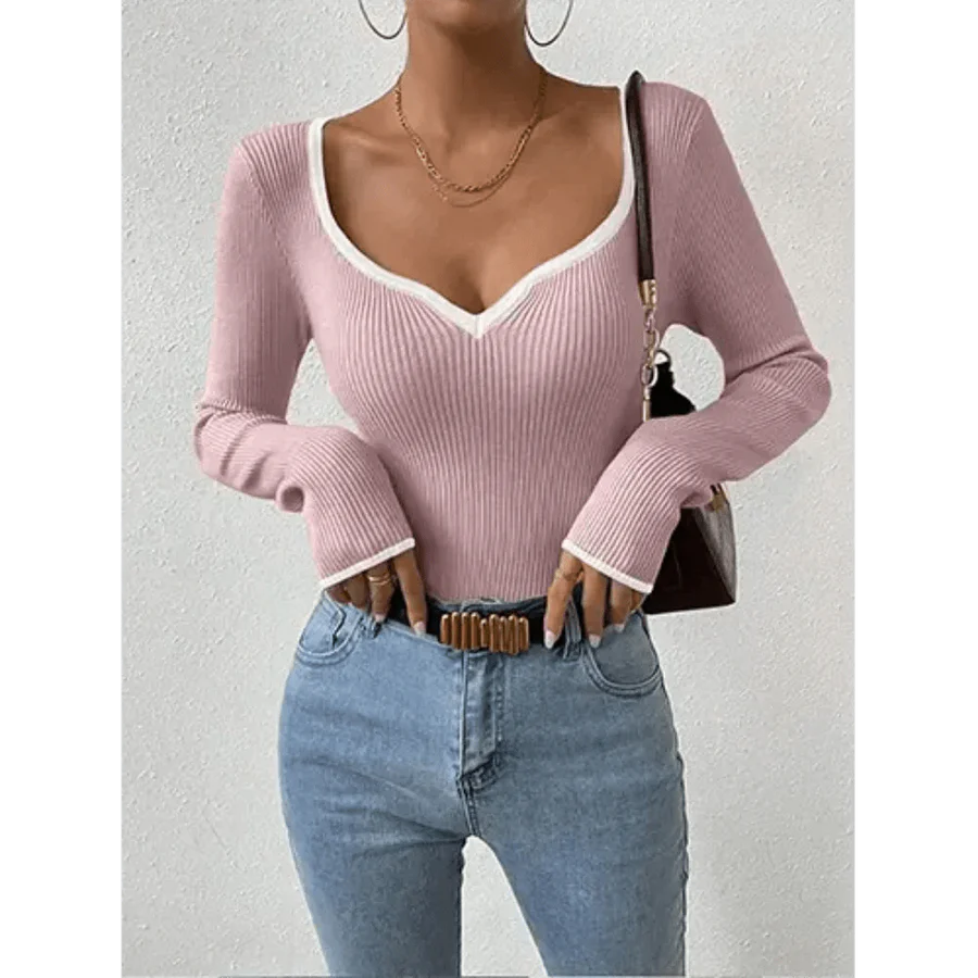 Ysabel – Ribbed Long Sleeve Top with Deep V-Neckline and Contrast Trim
