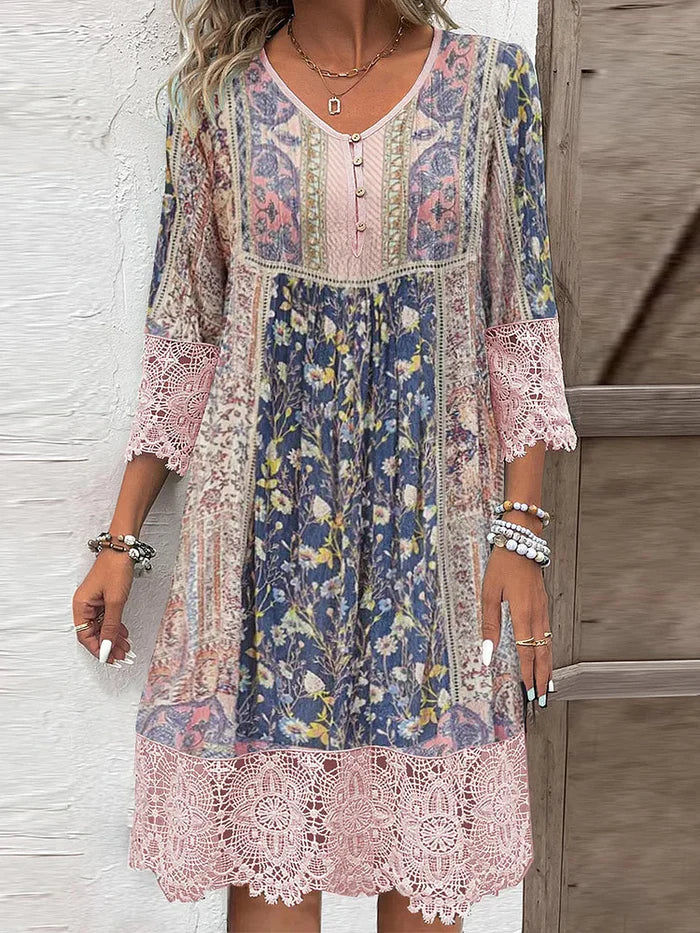 Ysolde - Boho Midi Dress with Lace Trim and Floral Patchwork Design