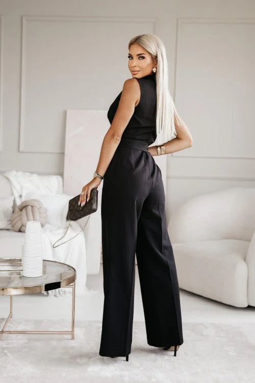 Zerina - Wrap Jumpsuit with Deep V-Neck and Structured Shoulders