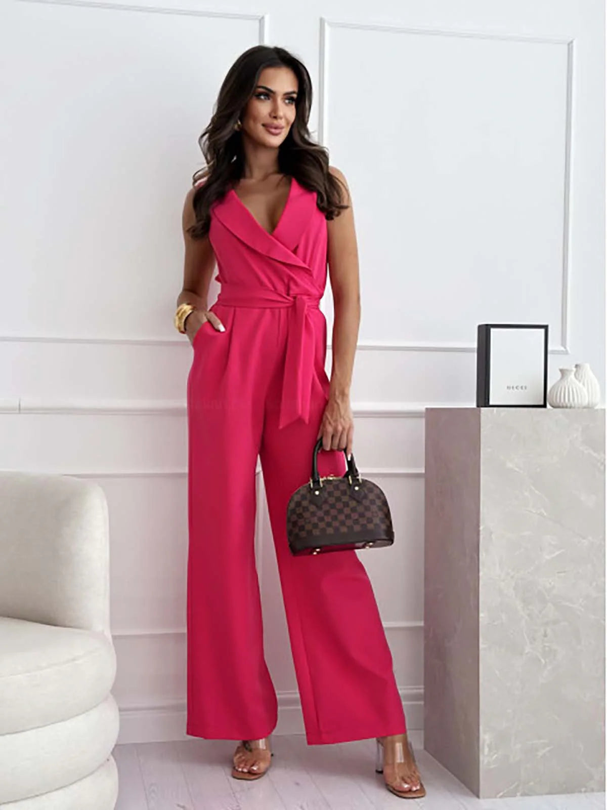 Zerina - Wrap Jumpsuit with Deep V-Neck and Structured Shoulders